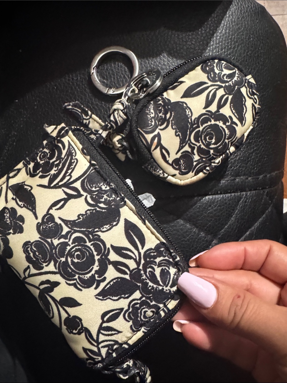 Vera Bradley Black Floral Zip Wallet with Key Ring - Cream